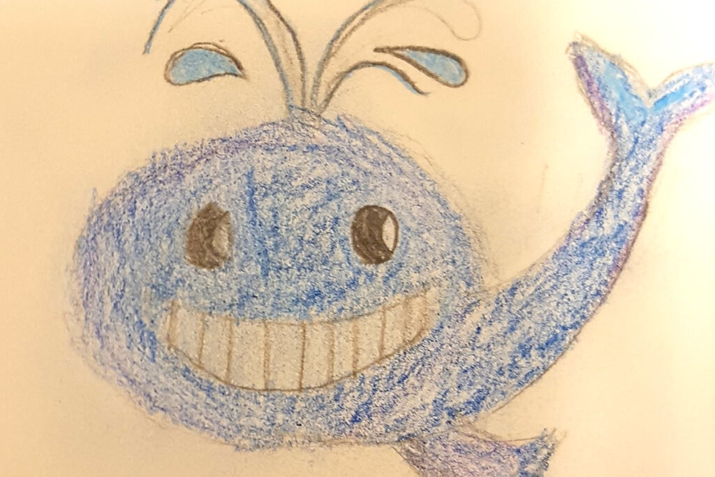 En teckning av en blå, glad val.